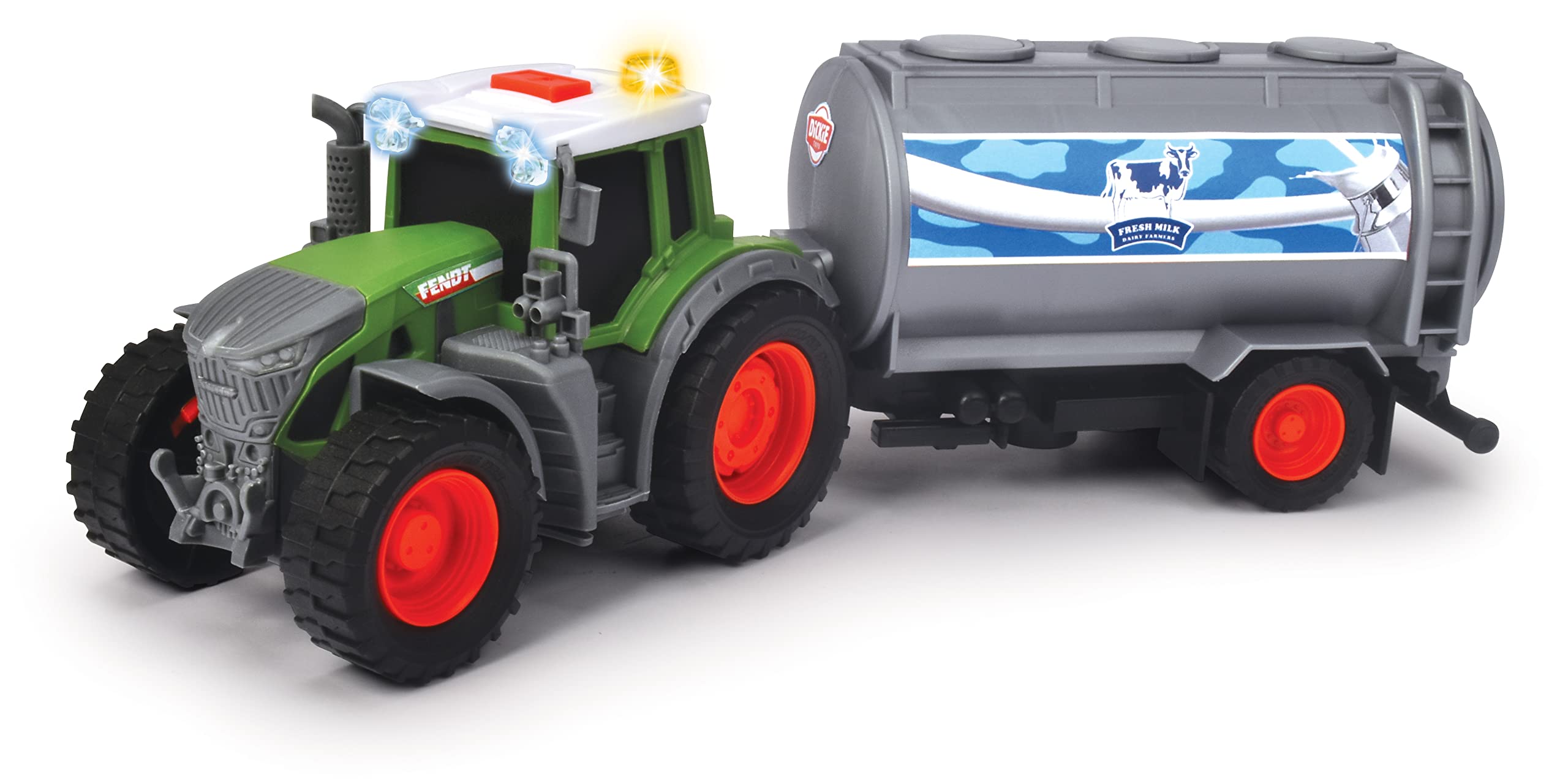 Dickie Toys - Fendt Tractor with Milk Trailer (26 cm) - Toy Tractor with Milk Tank for Children from 3 Years, Farm Vehicle with Light & Sound, 203734000, Multi-Coloured