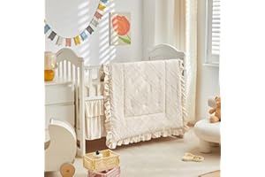 UOZZI BEDDING Mini Crib Bedding Set 3 Pieces Baby Boho Quilted Tufted Ruffles Comforter with Fitted Sheet and Ruffled Bed Skirt - Cute Shabby Baby Bedding Fits Mini Crib Only Cream White