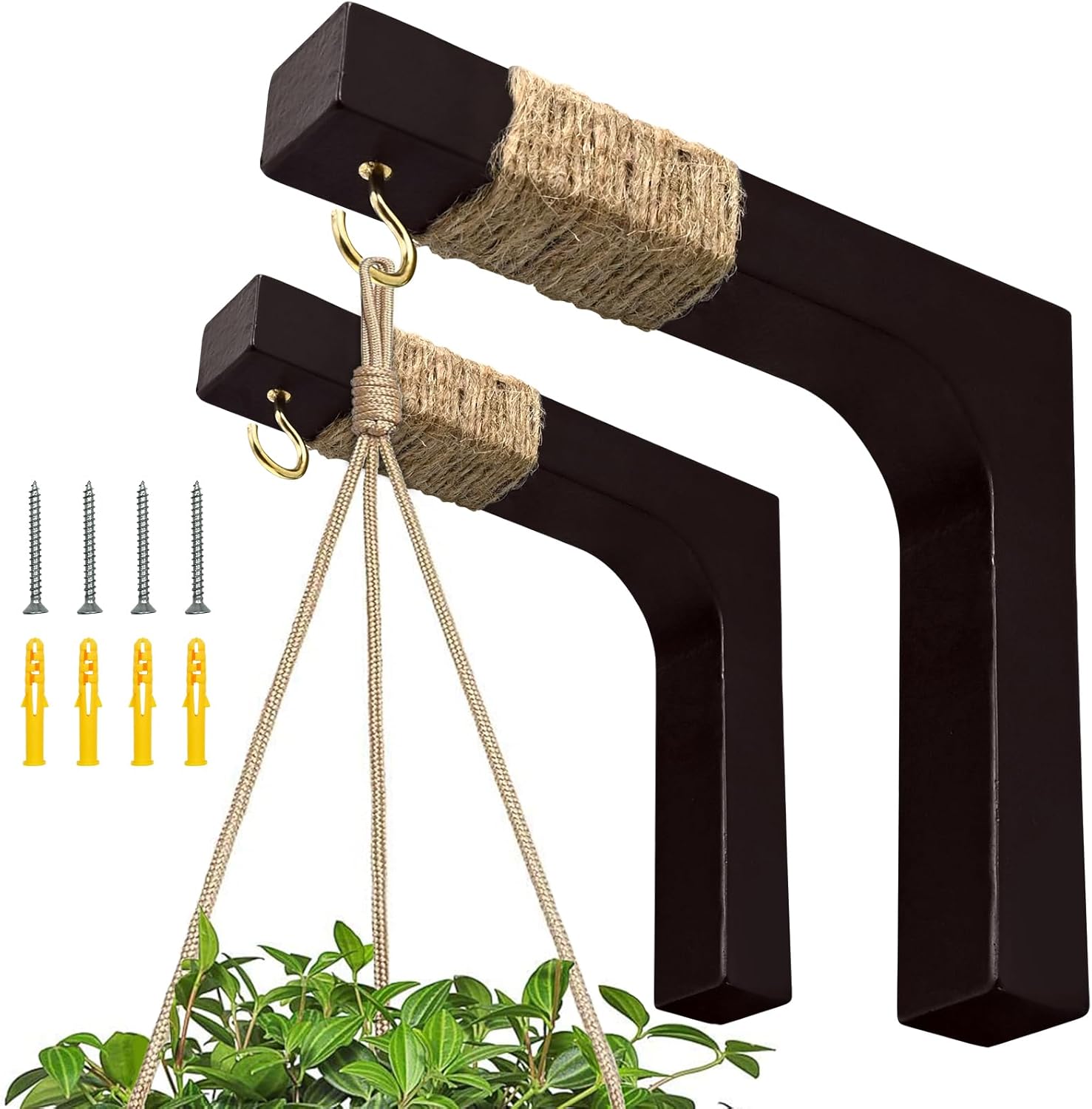 Outdoor Hanging Brackets - Micovay 2 Pack Plant Hanging Hook, Wooden Mounted Hanging Plant Hooks, Wall Hook Plant Baskets Indoor&Outdoor Decor, Plant Hangers Hook for Flower Bracket, Bird Feeder, Lanterns,Wind Chimes