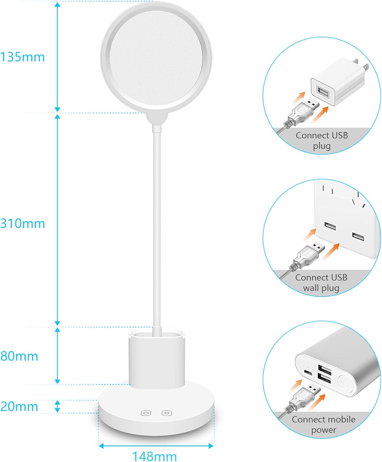 LED Desk Lamp,Golspark Touch Control Desk Lamp 3 Color Modes with Stepless Dimmable,360°Flexible Desk Lamp with USB Charging Port Pen Holder,Rechargeable White Desk Lamp for Students,Dorm Reading: Home Improvement