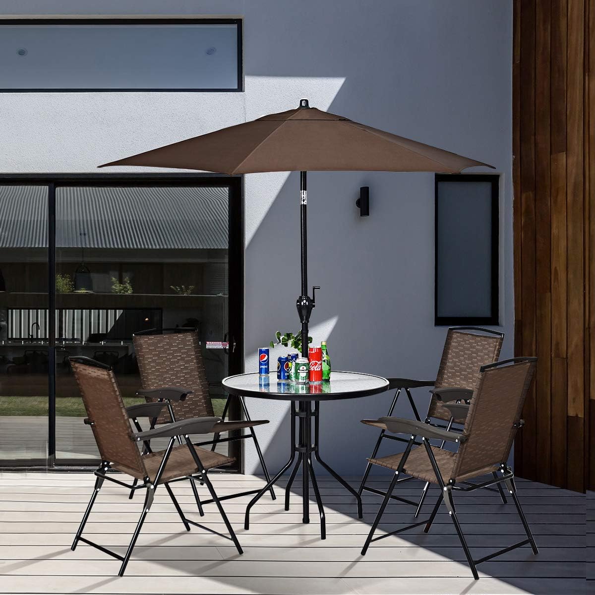 Goplus 32" Outdoor Patio Table Round Shape Steel Frame Tempered Glass Top with Umbrella Hole Commercial Party Event Furniture Conversation Coffee Table for Backyard Lawn Balcony Pool (Black): Kitchen & Dining