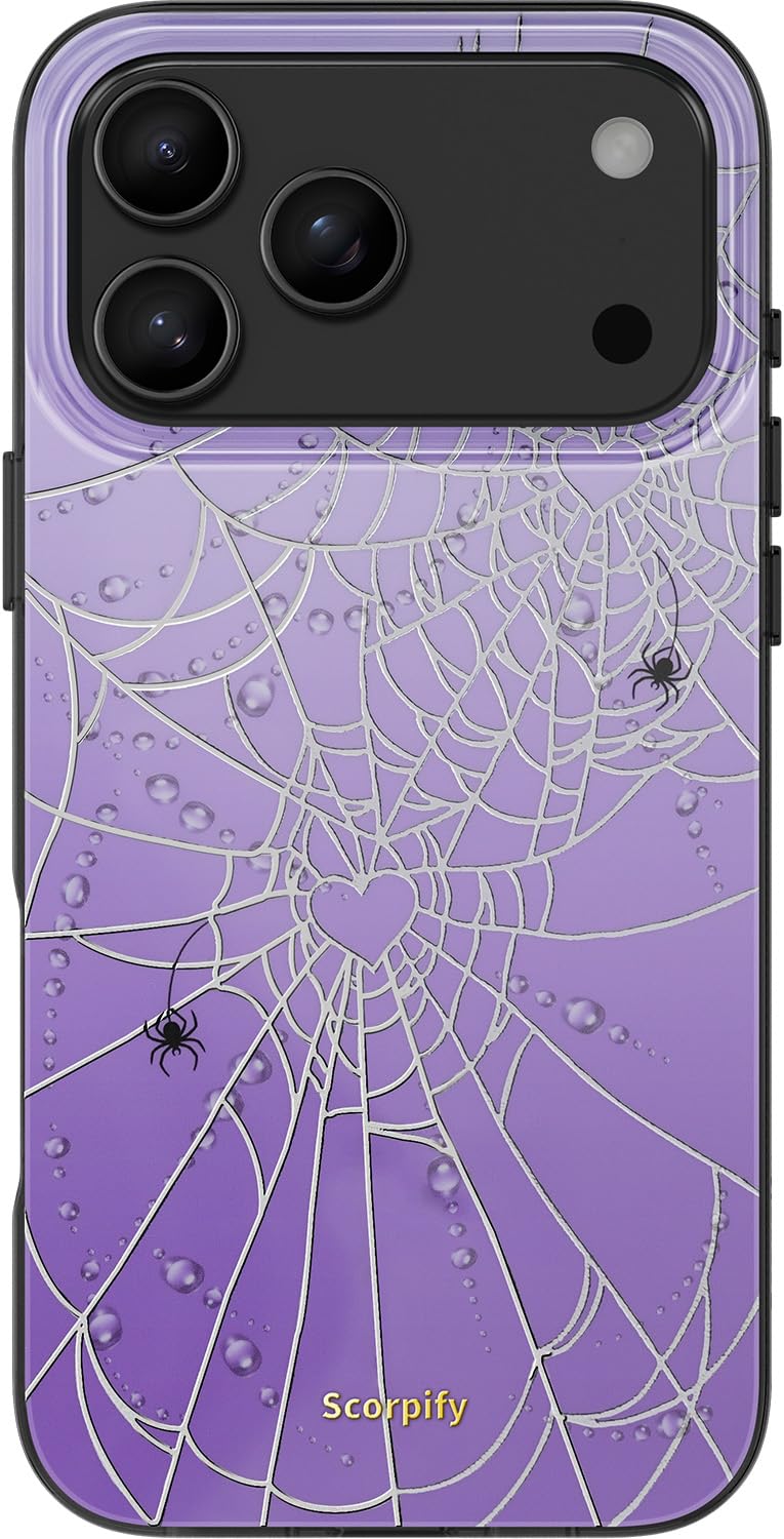 SCORPIFY for iPhone 17 Pro Case [Compatible with MagSafe] with Halloween Heart of Webs, Cute Purple Magnetic Phone Cover Bumper for Women Girls,Glitter Sparkle Spiderweb Design with Silver Accents