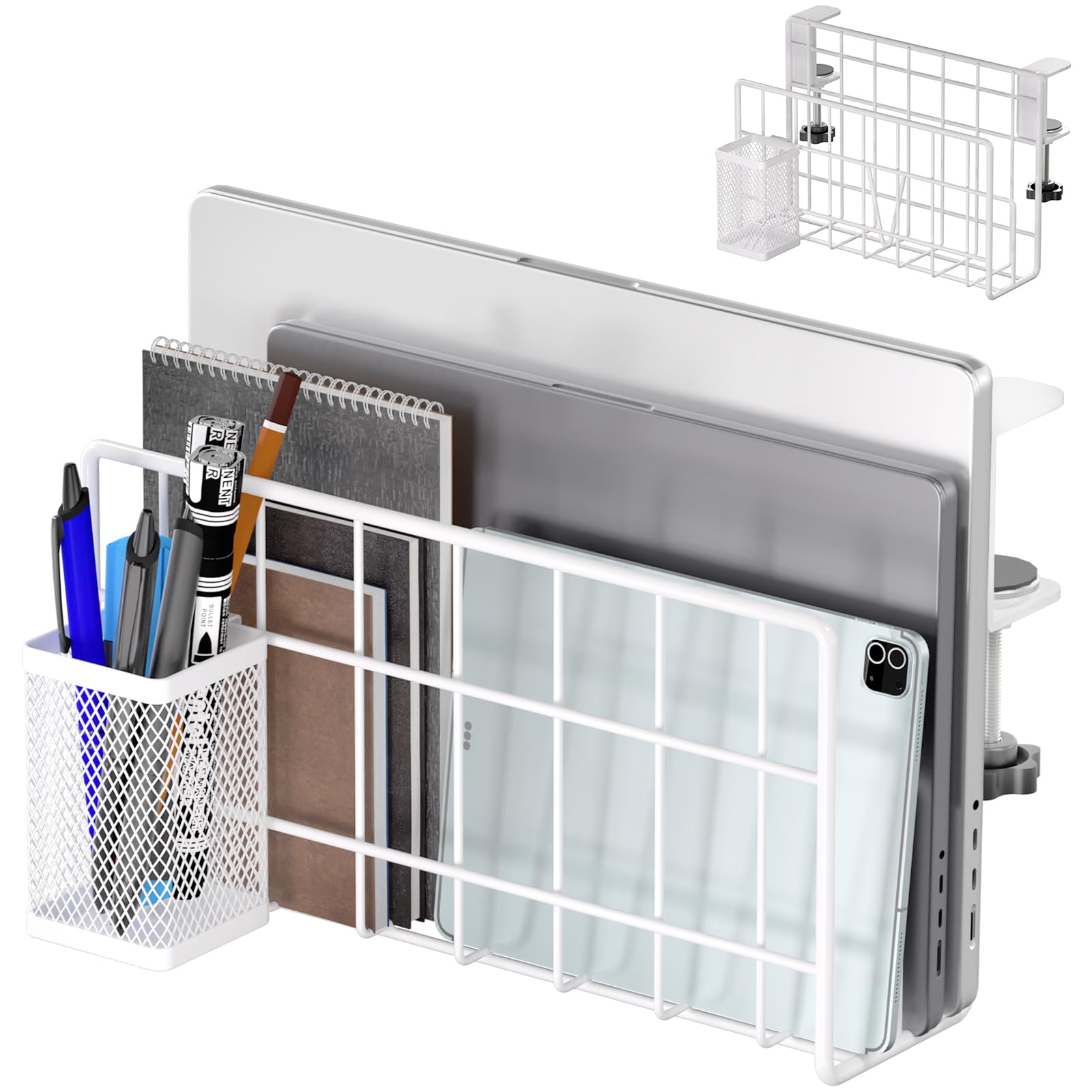 THYGIFTREE Desk Side Storage, Vertical Laptop Stand, Laptop Holder Desk with Pen Holder, Clamp on Shelf (WHITE)