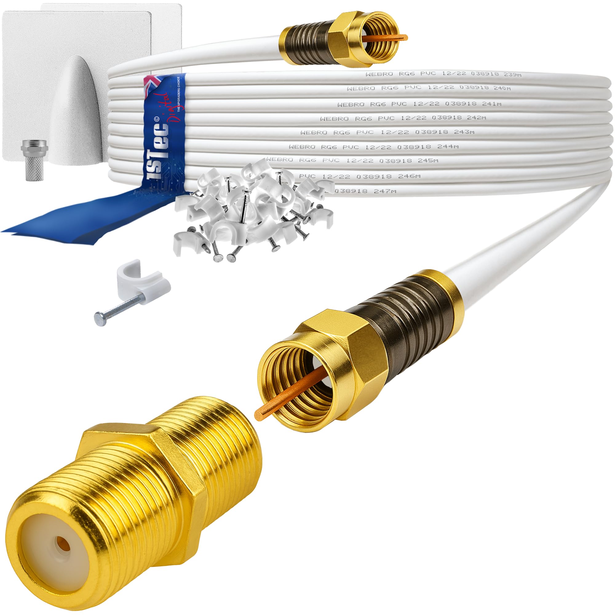 1STec 50m Gold Plated Webro Male to Virgin Media Extension Cable Cable Clips Female Joining Coupler for Extending V6 TIVO Set Top Box or VIVID Fibre Optic Super Hub Broadband Modems 50 Metre, White