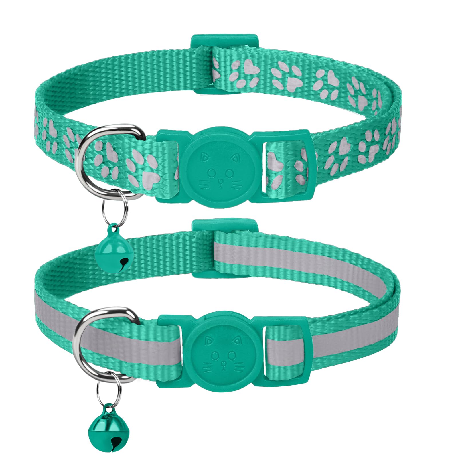 Taglory Reflective Cat Collar with Bell and Safety Release, 2-Pack Girl Boy Pet Kitten Collars Adjustable 19-32 cm Turquoise