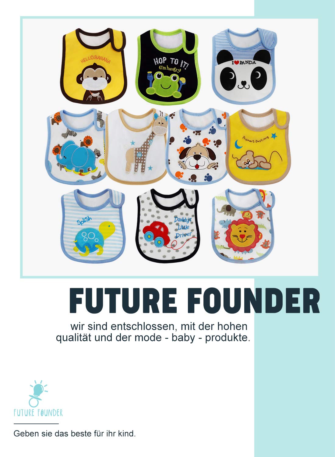 FUTURE FOUNDER Baby Lätzchen Wasserdicht Weich 10er Halstücher aus Baumwolle mit Klettverschluss für Baby Jungen Kleinkinder