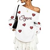 BANGELY Valentines Off Shoulder Sweatshirt Women Love Heart Long Sleeve Shirt Casual Oversized Sweatshirts Fashion Sequin Top