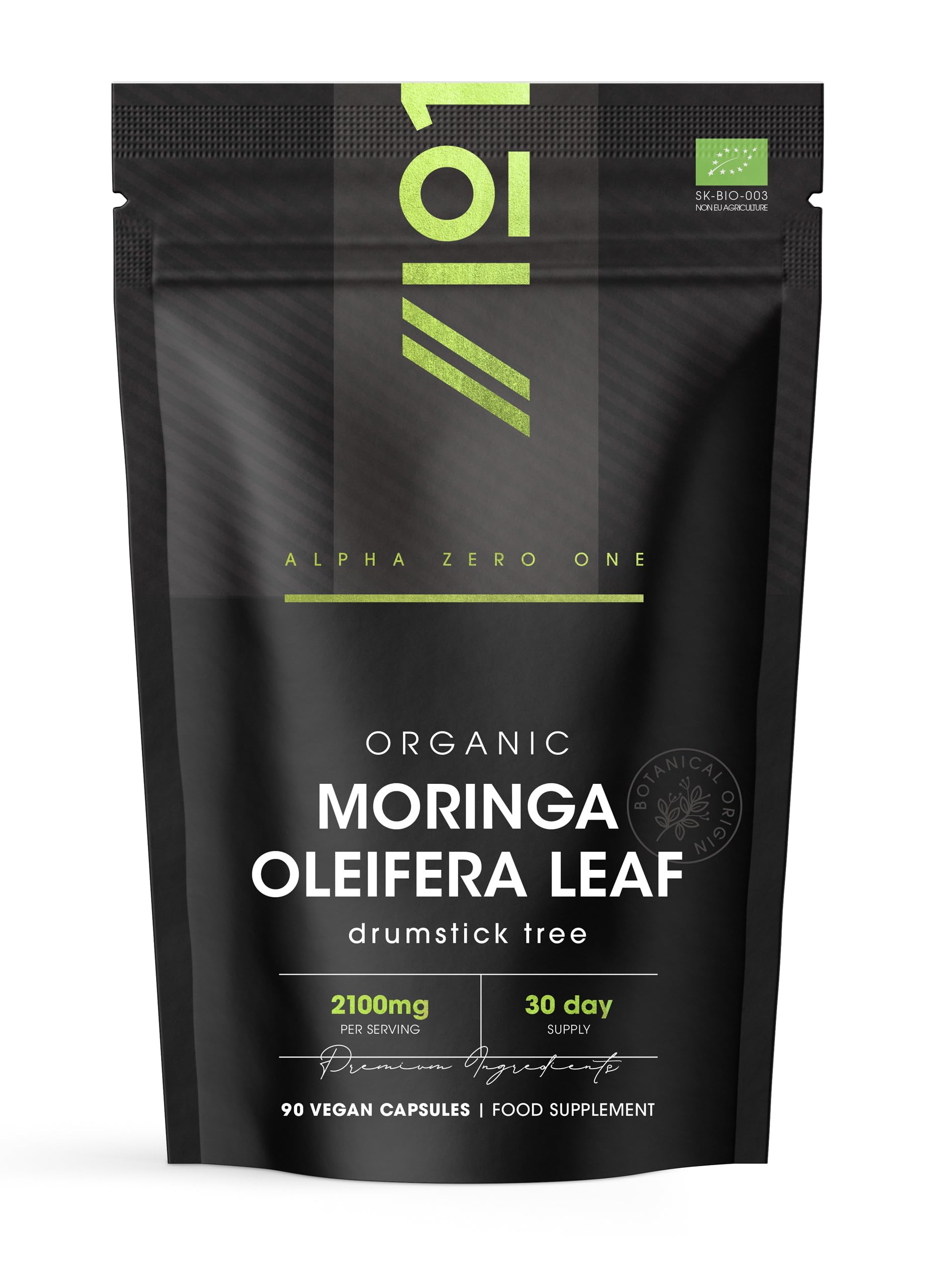 Organic Moringa 2100mg - 90 Vegan Capsules - Raw Moringa Oleifera Leaf - Rich in Vitamins, Antioxidants & Amino Acid – Resealable and Recyclable Pouch – By Alpha01