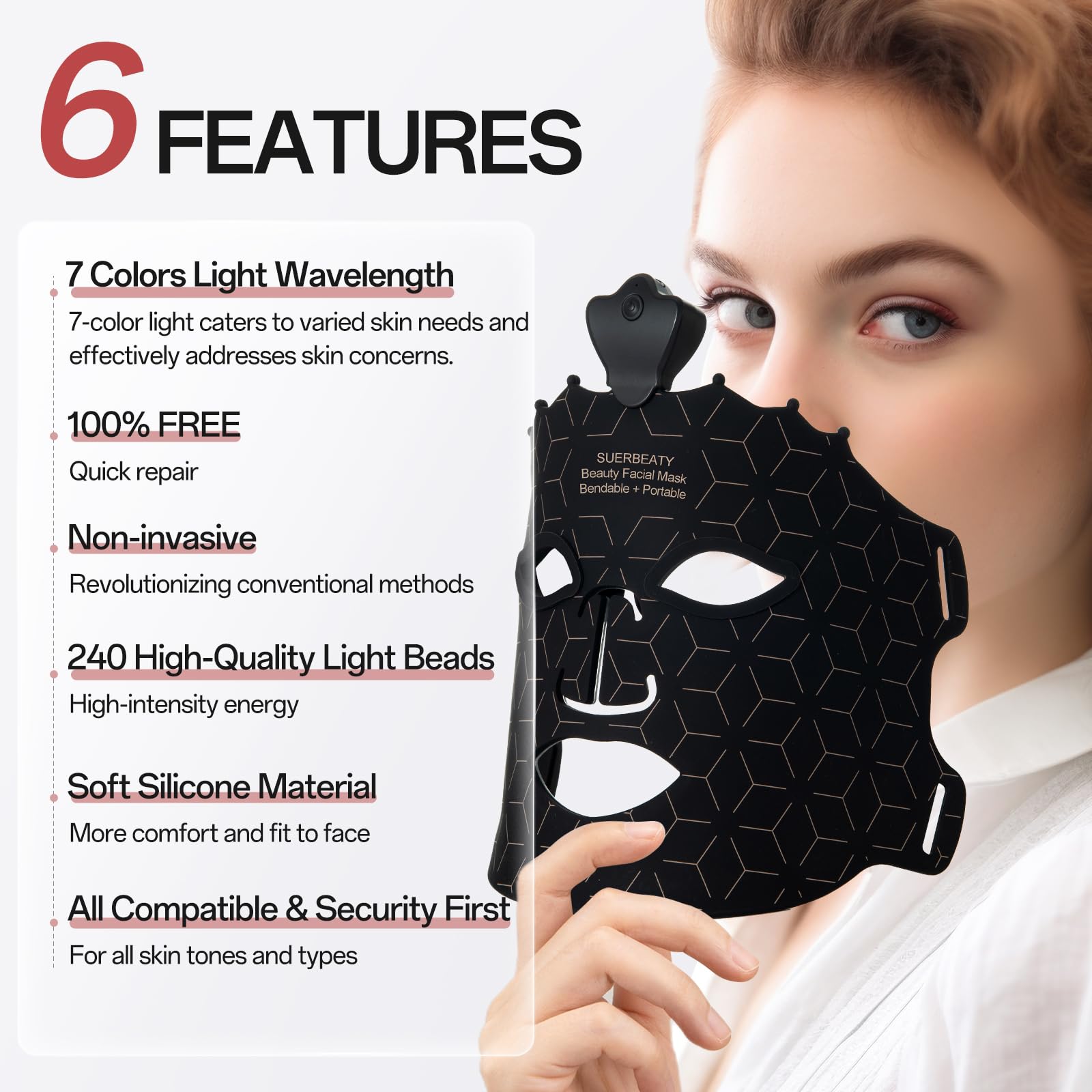 SUERBEATY Red Light Mask - 7 Colors Red Light Mask for Face, Facial Skin Care Mask at Home, Cordless, Ergonomic Design and Rechargeable for Home - Black