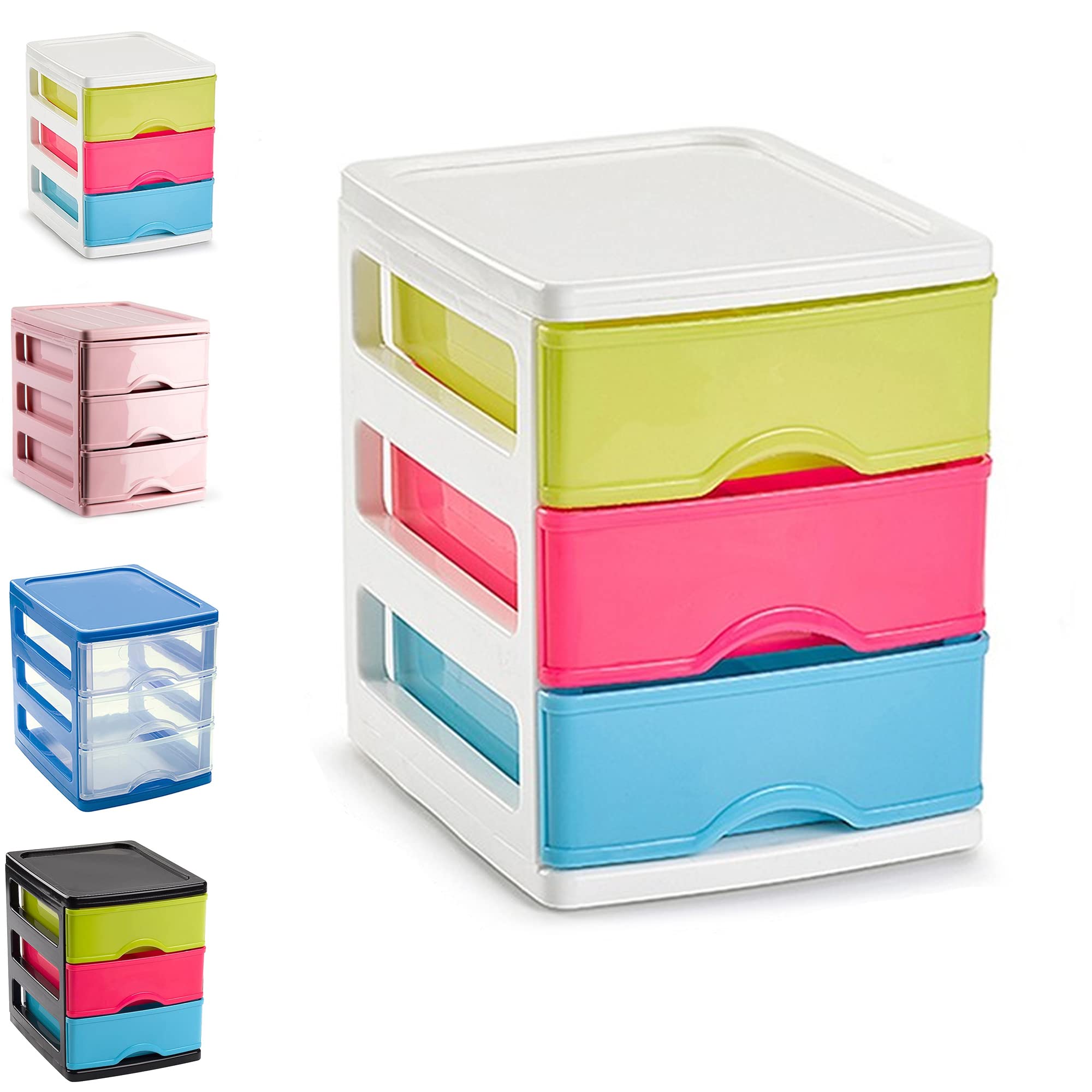Plastic 3 Drawers Desktop Storage Unit with Drawers, Stationary Arts Drawer Desktop Tabletop Organiser Storage Tower Unit for Office Bedroom Garage (17 x 13.5 x 17cm, White With Multicolor Drawers)