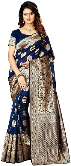 Shoppershopee Kanjivaram Banarasi Silk Saree Navy Blue (Set of 2)