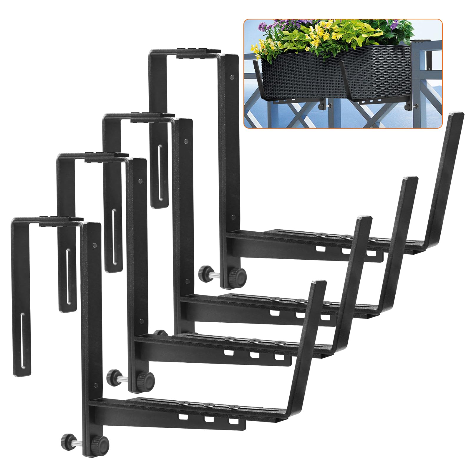 Photo 1 of ZUIWAN 4 Pcs Adjustable Railing Planter Boxes Brackets,Heavy Duty Iron Window Box Planters Holder Outdoor for Railings,Windowsill,Patio,Deck,Garden,Balcony,Fence,Wall,Porch,Black
