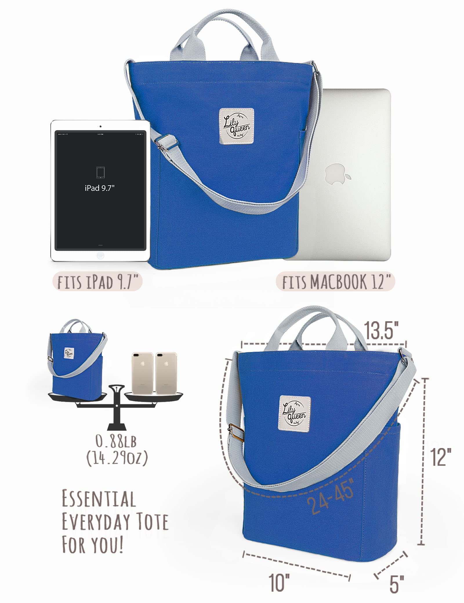 Lily queen Women Canvas Tote Handbags Casual Shoulder Work Bag Crossbody (Royal Blue)