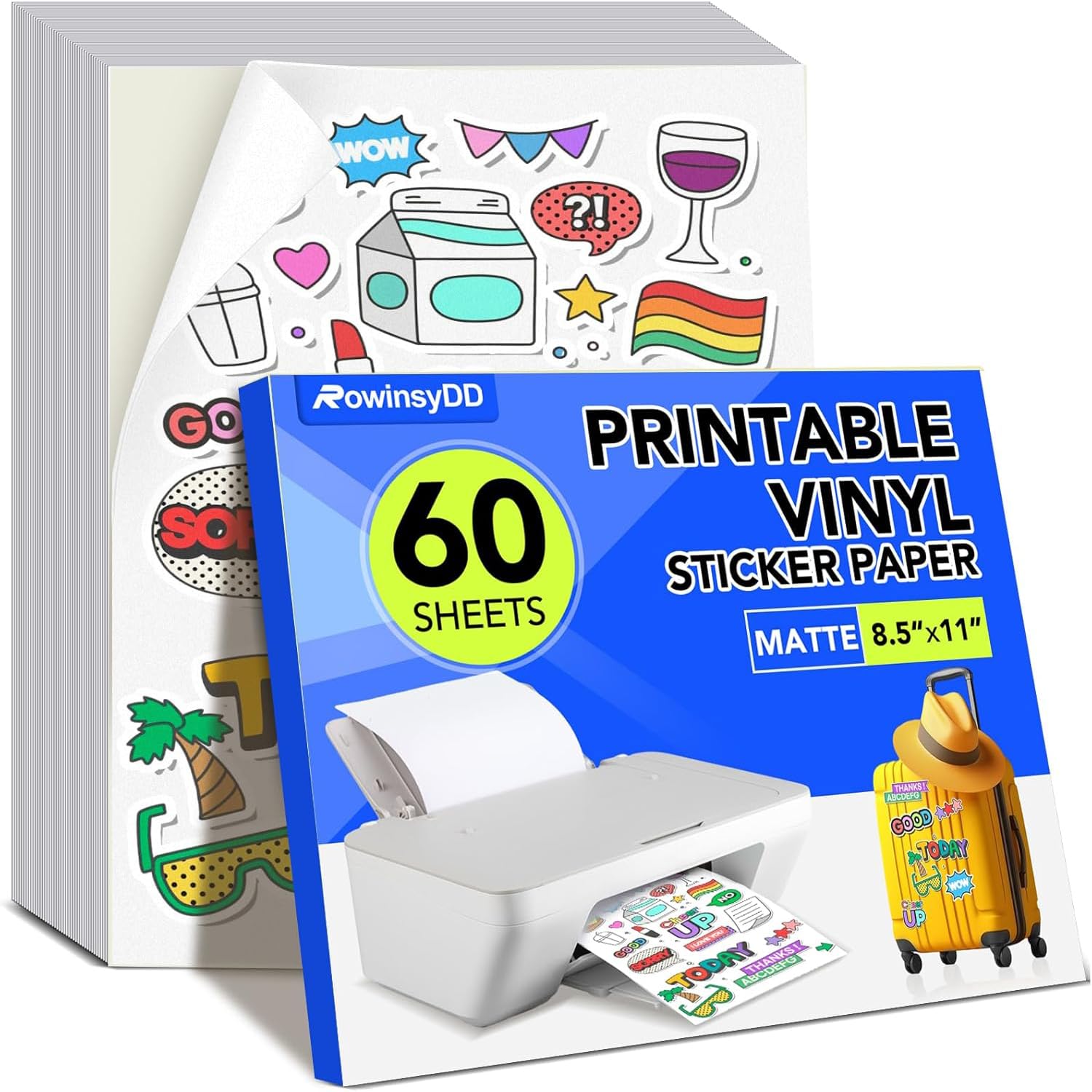 Photo 1 of 60 PCS Printable Vinyl Sticker Paper for inkjet printer & Laser Printer, Standard Letter Size 8.5"x11", Waterproof Sticker Paper Dries Quickly Vivid Colors, Matte White