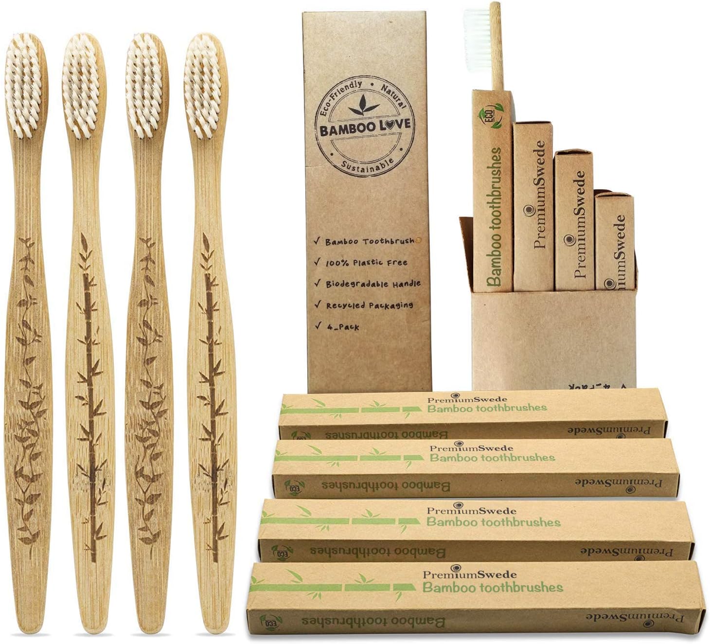 Bamboo Toothbrush Set Limited Edition - ECO White - Family Multipack of 4 Adults Sized Eco-Friendly Tootbrushes, Beautiful Engravings, Soft bristles for Sensitive Gums and Good Dental Care, BPA-Free