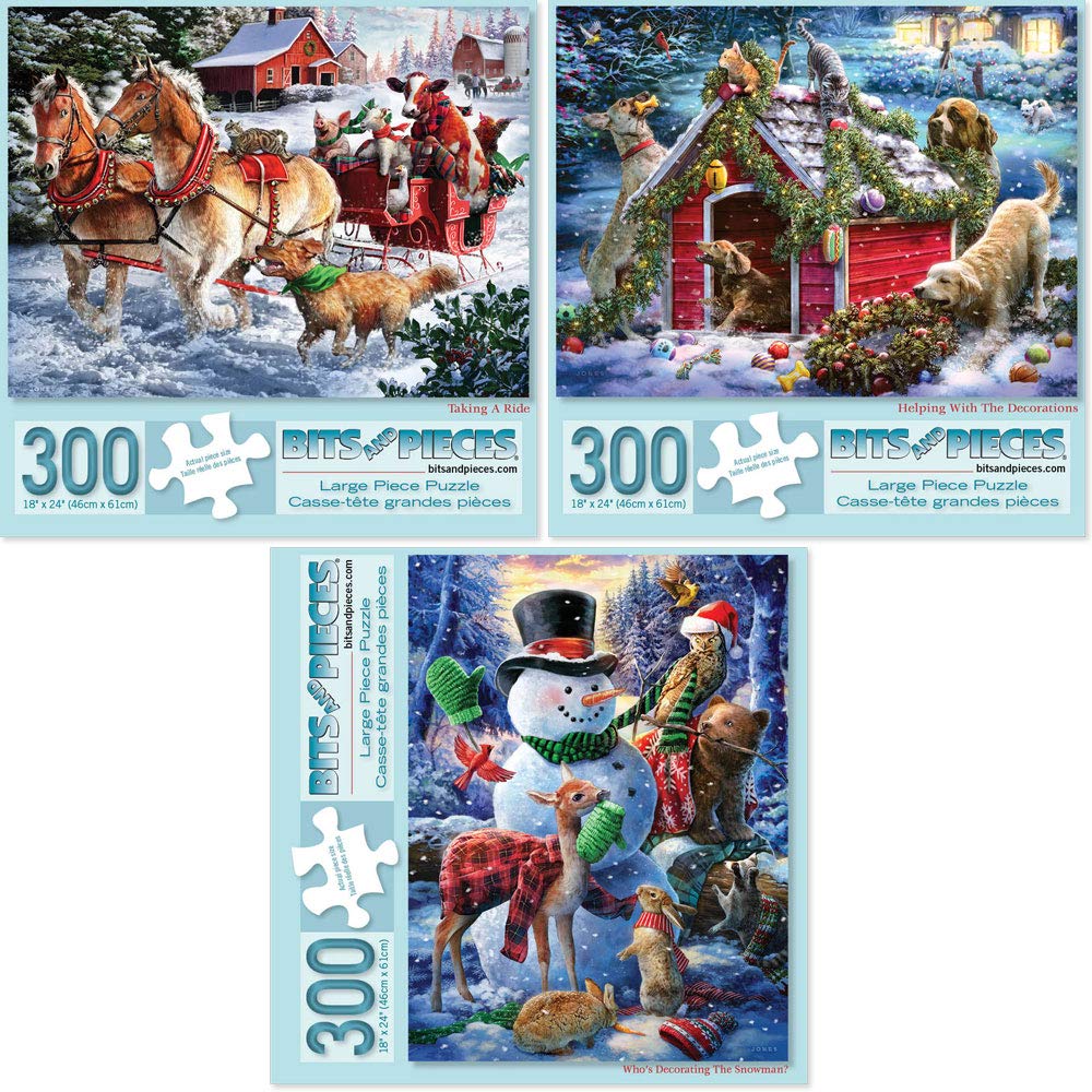 Bits and Pieces - Value Set of Three (3) 300 Piece Jigsaw Puzzles for Adults - Each Puzzle Measures 18" x 24" - Winter Holiday Forest Animals Jigsaws by Artist Larry Jones