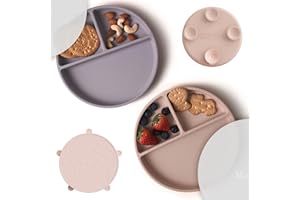 Moonkie Suction Plates for Baby | 100% Silicone BPA-Free Baby Plates with Lids and Food Cover | Divided Design | Microwave and Dishwasher Safe | Toddler Plates 2 Pack