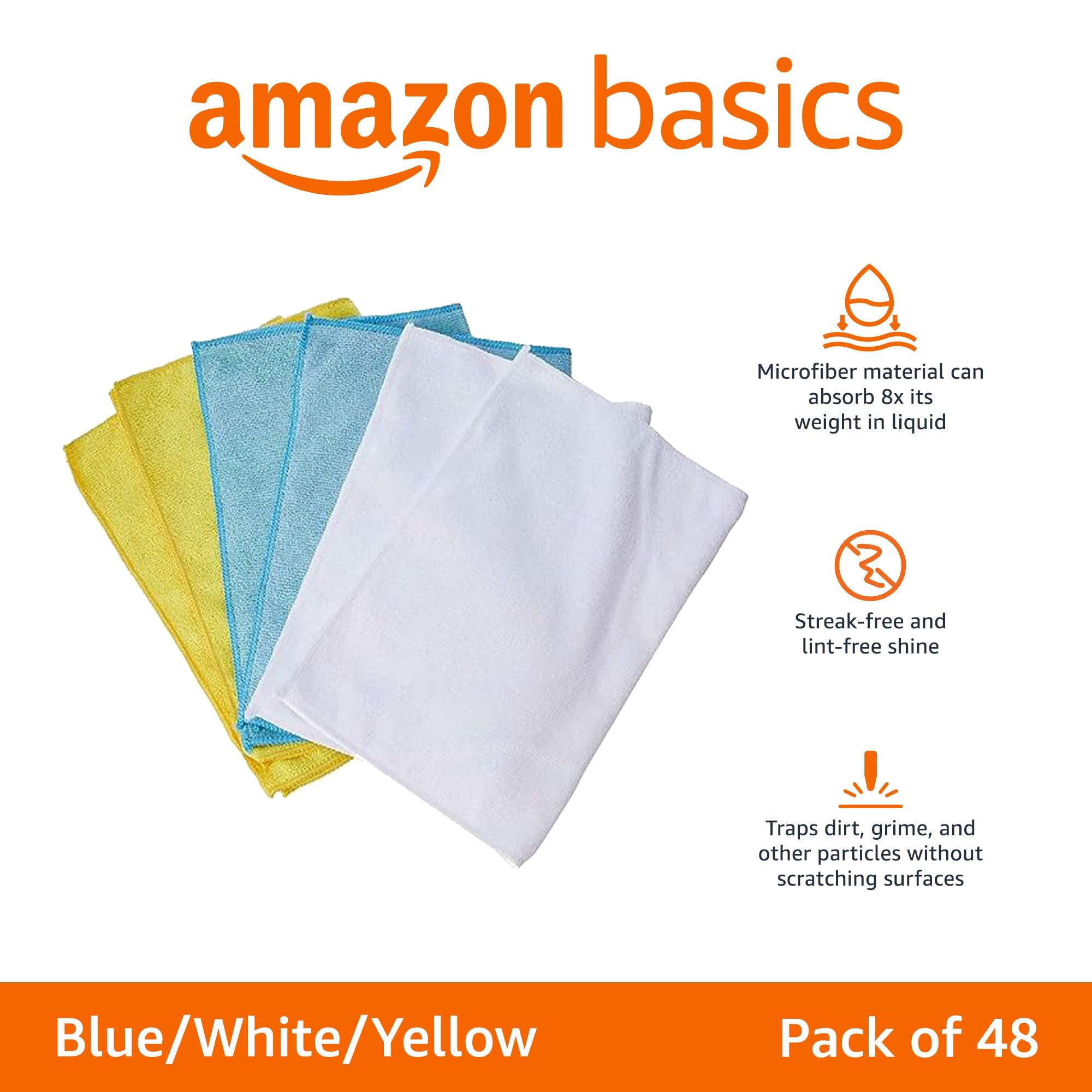 Amazon Basics Microfiber Cleaning Cloths, Non-Abrasive, Reusable and Washable, Pack of 48, Blue/White/Yellow, 16