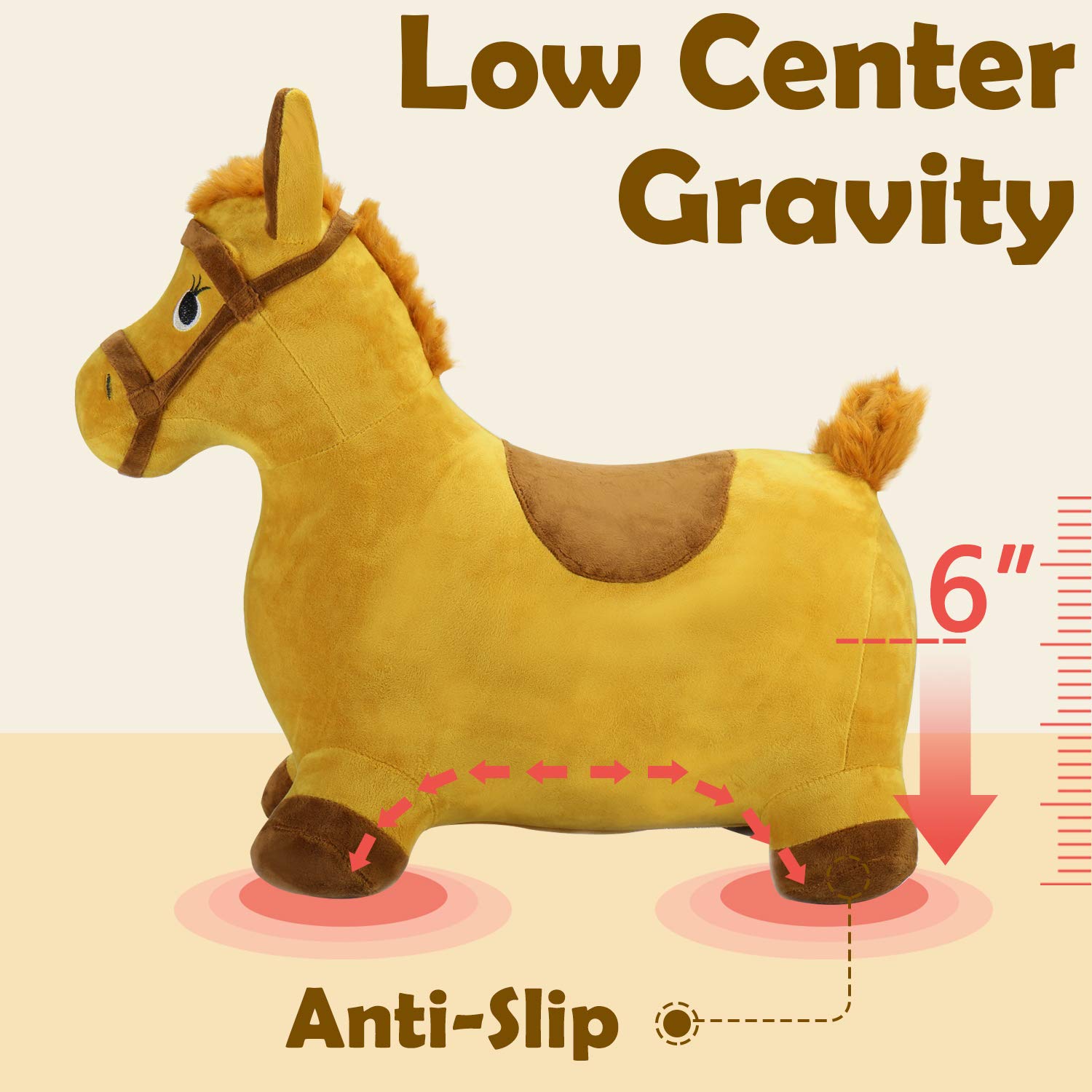 iPlay, iLearn Yellow Hopping Horse, Outdoors Ride On Bouncy Animal Play Toys, Inflatable Hopper Plush Covered with Pump, Activities Gift for 2, 3, 4, 5 Year Old Kids Toddlers Boys Girls