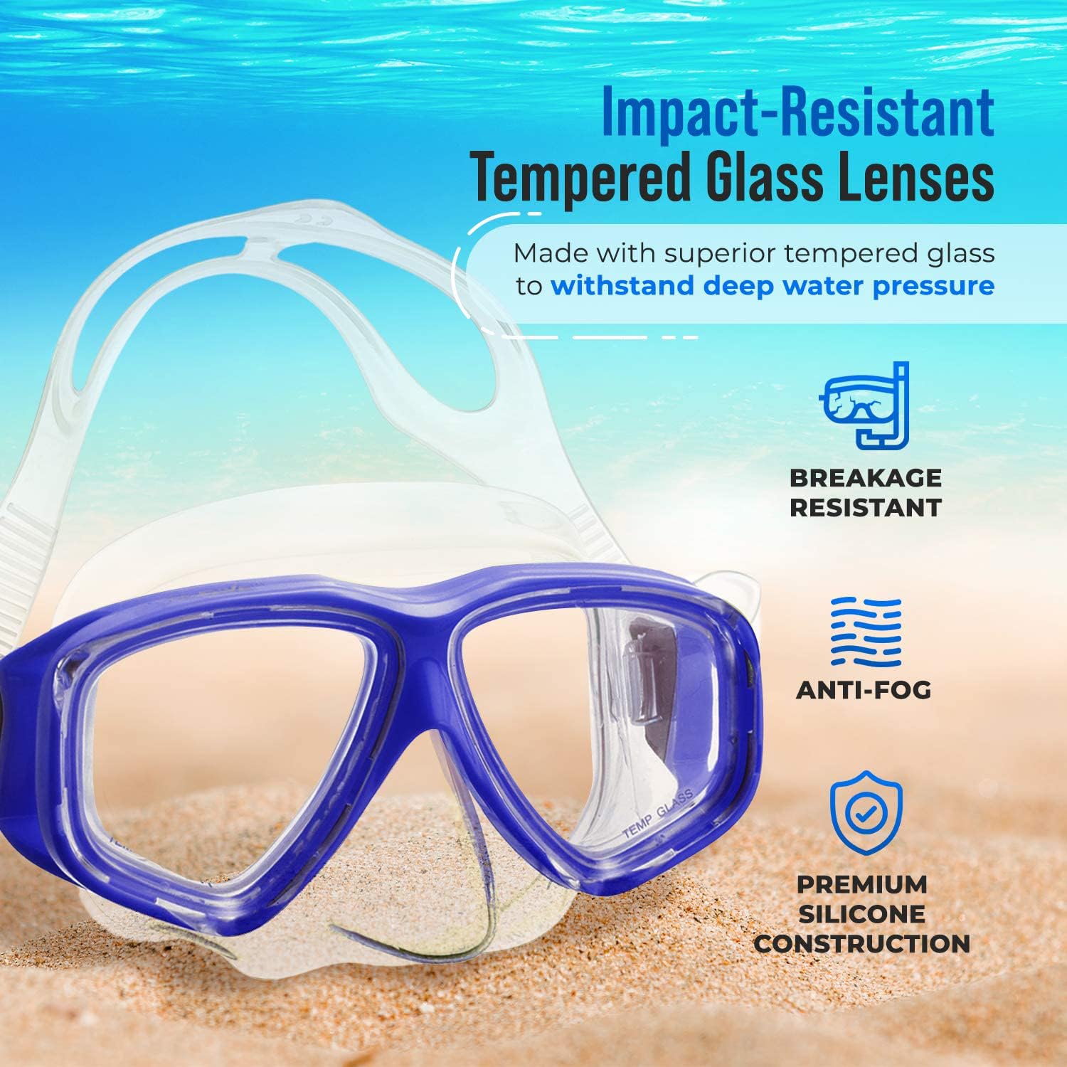 Dry-Top Snorkel (100% No Water Leak) & Diving Mask Set (Impact-Resistant Tempered Glass Lense) Watertight & Anti-Fog Lens [Crystal Clear for Best Vision] Easy Adjustable Strap & Waterproof Carry Case.