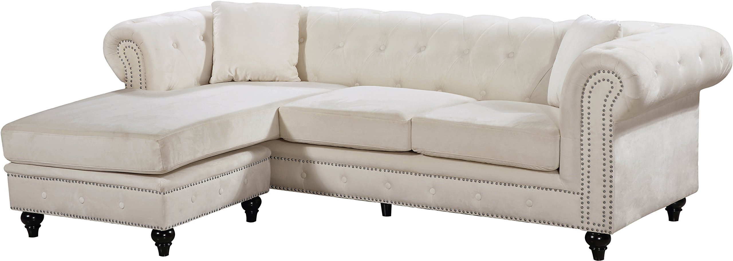 Meridian Furniture 667Cream-Sectional Sabrina REVERSIBLE 2 Piece Button Tufted Velvet Sectional with Scroll Arms, Nailhead Trim, and Custom Wood Legs, Cream (INCOMPLETE SET, MISSING BOX)