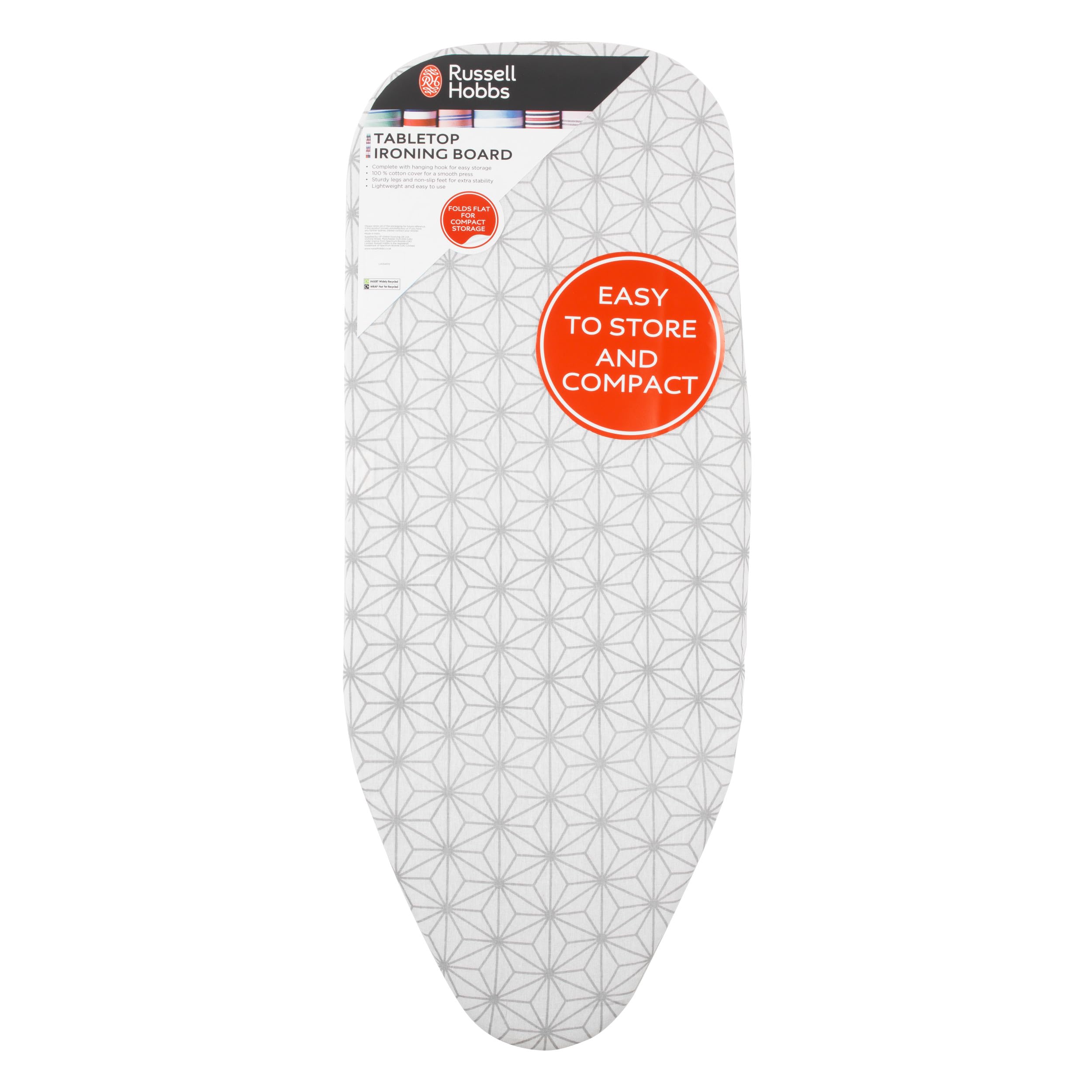 Russell Hobbs LA054012 Table Top Ironing Board – Small Foldable Ironing Table, Non-Slip Feet, Lightweight & Compact, 100% Machine Washable Cotton Cover, Travel/Small Homes, Left & Right-Handed Users