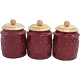 Amazon Brand – Ravenna Home Classic Stoneware 3-Piece Filigree Canister Set - Set of 3, Red with Wood Lid
