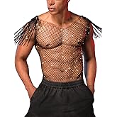 EHSUYAB Men Sexy Fringe Cap Sleeve Sparkly Rhinestone Mesh Top, See Through Fishnet Shirt Tank Tops, Concert Club Rave Outfit