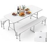 Pureegg 6FT Folding Table and 2 Chairs Set, Sturdy, Picnic, White | Foldable Table, Portable Camping Table, Carry Handle for Indoor, Outdoor, Dining, Party, Wedding, Events, Utility