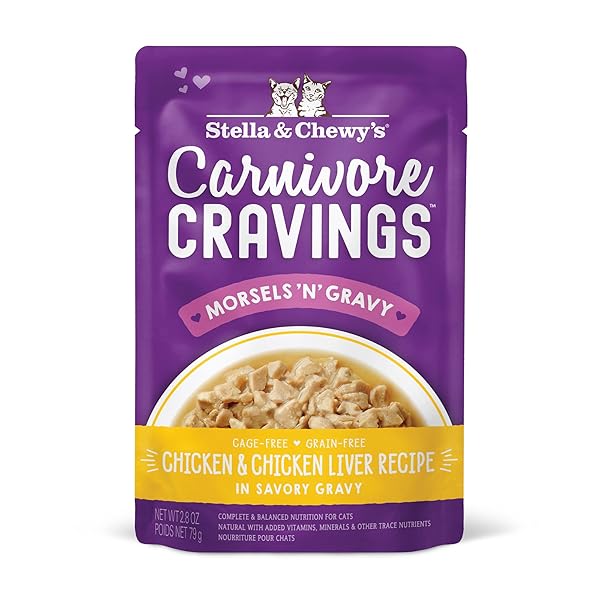 STELLA & CHEWY’S CARNIVORE CRAVINGS MORSELS & GRAVY CHICKEN & CHICKEN LIVER RECIPE WET CAT FOOD POUCHES – (2.8 OUNCE CANS, CASE OF 12)
