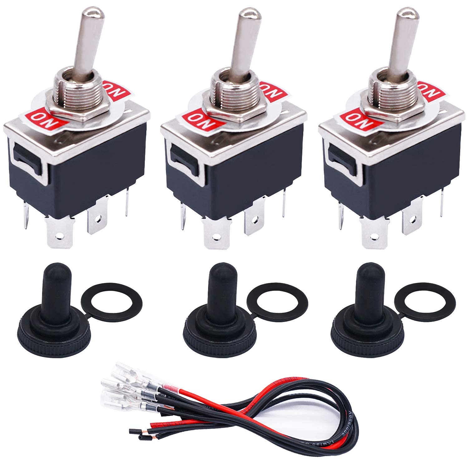 Taiss/3 Pcs Rocker Toggle Switch Heavy Duty 6 Pin 2 Position ON/ON DPDT 16A 250VAC Spade Terminal Metal Bat Switch with Waterproof Boot Cap and 6.3mm Terminal Wires TEN-1321MX-B202
