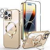 [Tri-Shield Protection] for iPhone 14 Pro Max Case with 360° Spin Stand Compatible with MagSafe [Magnetic CD Ring] [Screen & Camera Lens Protector] Shockproof Plating Never-Yellowing, Gold-6.7"