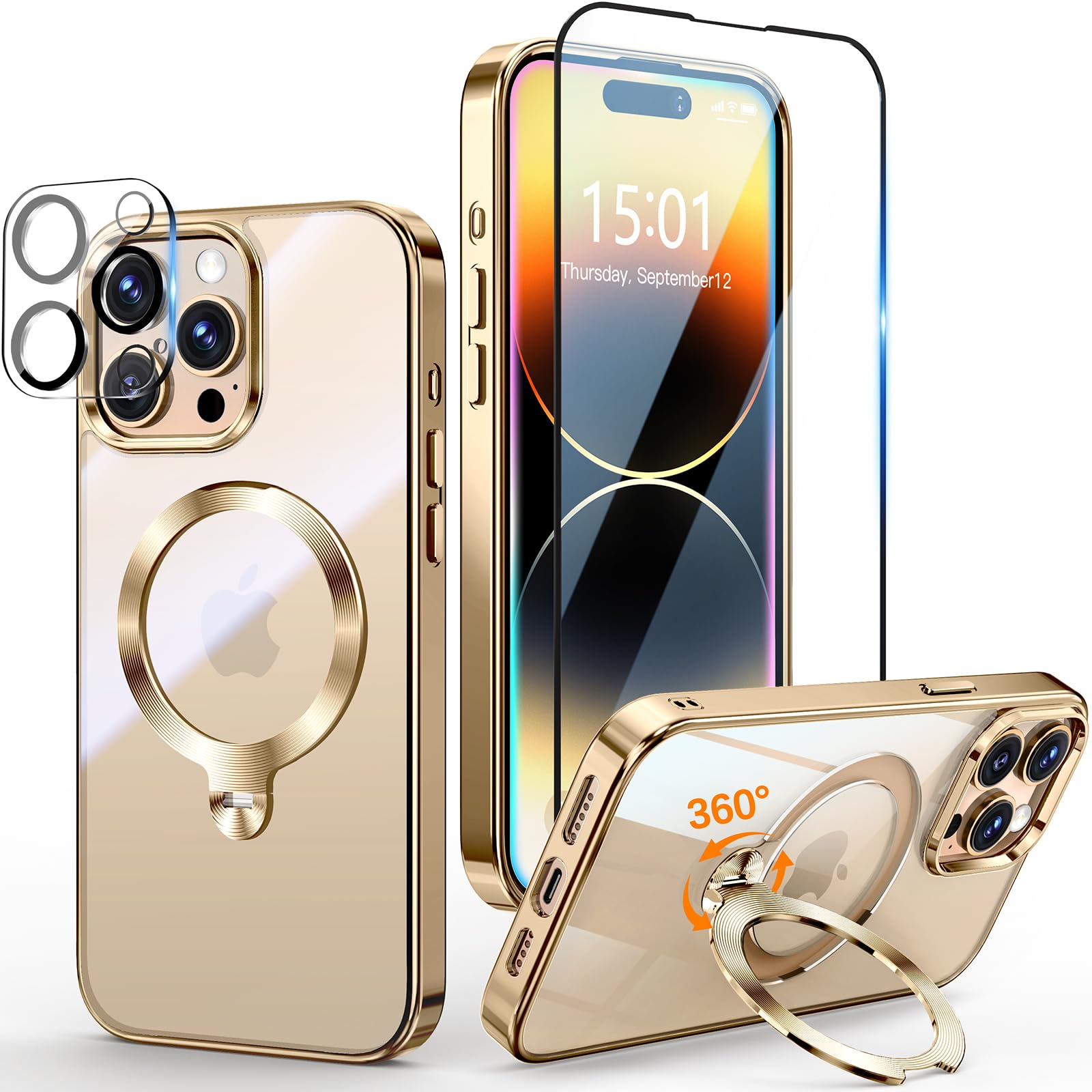 Photo 1 of [Tri-Shield Protection] for iPhone 14 Pro Max Case with 360° Spin Stand Compatible with MagSafe [Magnetic CD Ring] [Screen & Camera Lens Protector] Shockproof Plating Never-Yellowing, Gold-6.7"