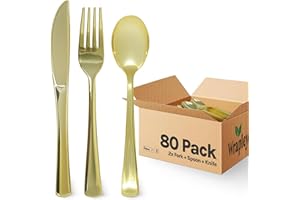 Disposable Gold Plastic Silverware Set – 80-Piece Disposable Plastic Cutlery Set with 40 Forks, 20 Spoons, and 20 Knives – Go