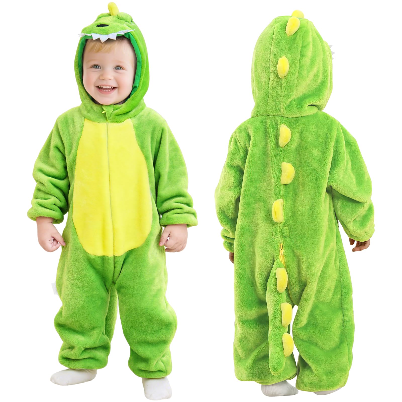 Alaoo Dinosaur Jumpsuit for Toddler and Child, One Piece Flannel Animal Hooded Rompers Jumpsuit, Hooded Cartoon Sleepsuits Infant Outfit for Halloween Dress Up Party, 90CM