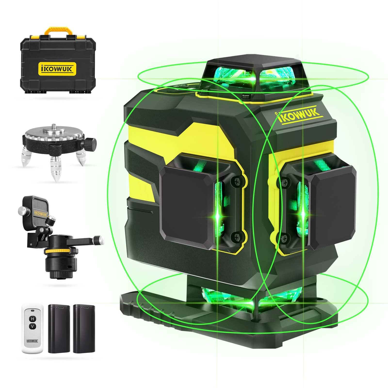 IKOVWUK 4x360° Laser Level Pro Kit, Self-leveling Tool for Construction, Tiling Floor & Picture Hanging, 4D Cross Line Laser Level with Fine-tuning Bracket, 16 Lines Laser level with 2*4000mAh Battery Image