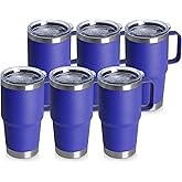 20oz Tumbler Bulk with Lid, Stainless Steel Tumbler Bulk with Handle, Metal Insulated Travel Coffee Mug Set with Handle, Double Wall Vacuum Leak Proof Tumbler Cup, Blue 6 Pack
