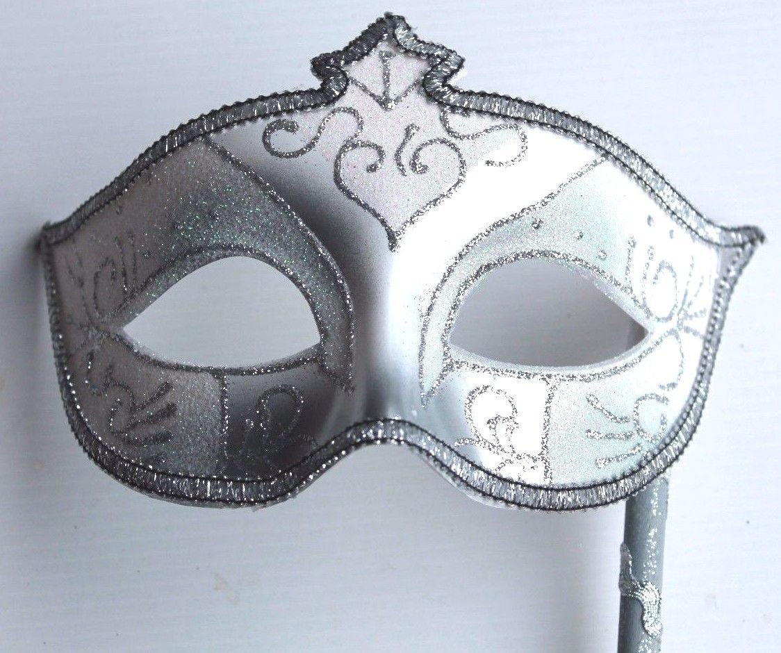 WINTER WHITE & SILVER MASQUERADE PARTY EYE MASK ON A HAND HELD