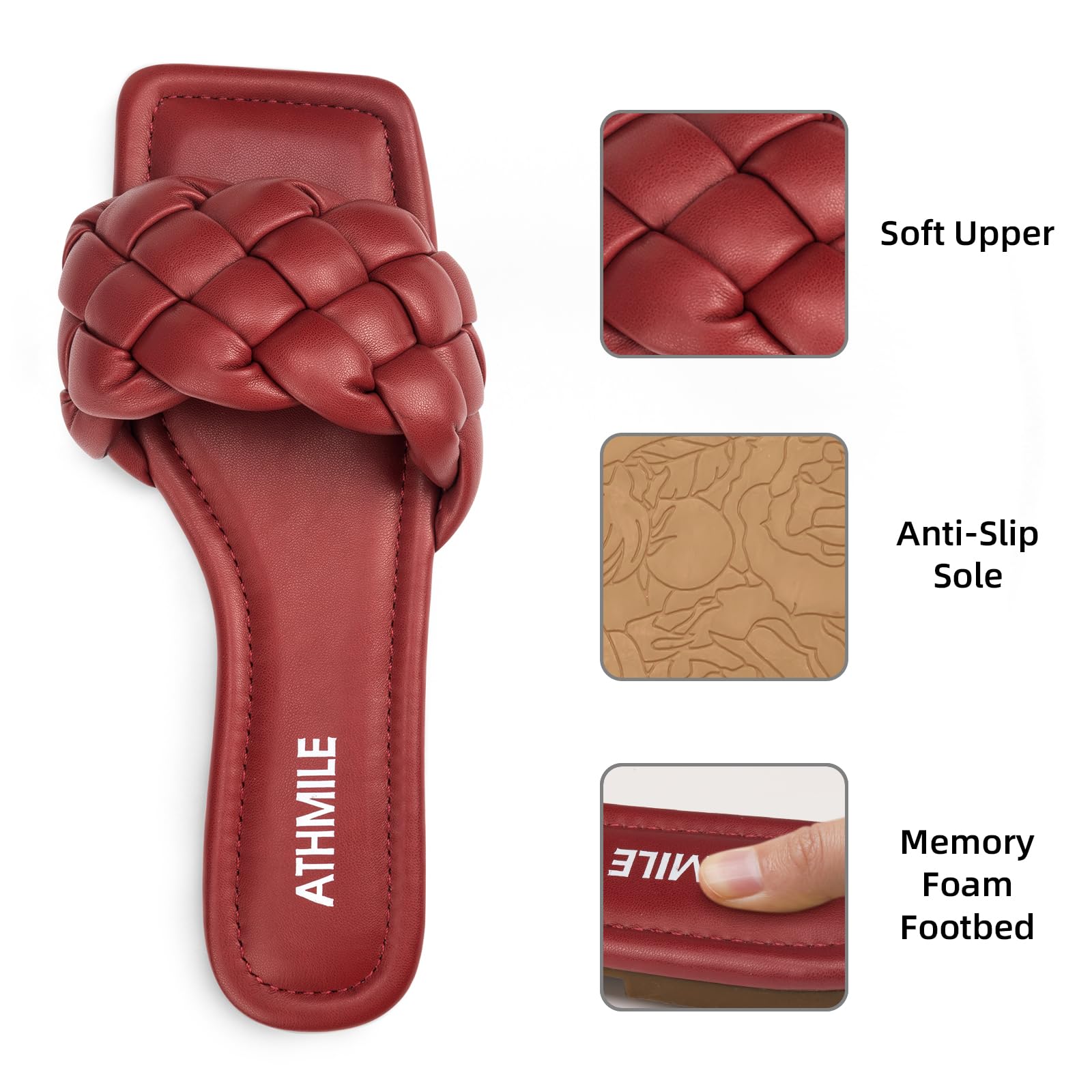 ATHMILE Braided Womens Sandals Square Open Toe Fashion Slide Sandals Women Dressy Summer Flat Beach 2025 Size 6-11