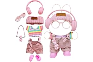 BALABOLA Clothes for 17cm Doll (Clothes Only) – 7-Piece Set with Pink Overalls, Colorful T-Shirt, Hat, Headphones, Glasses, Bag & Shoes – Handmade Fashion Accessories for 17cm Doll