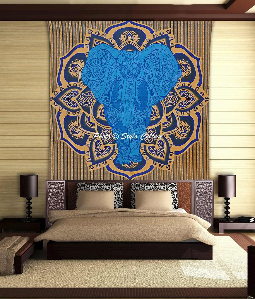 Stylo Culture Elephant Mandala Tapestry Cotton Yellow Blue Queen Printed Floral Wall Hanging
