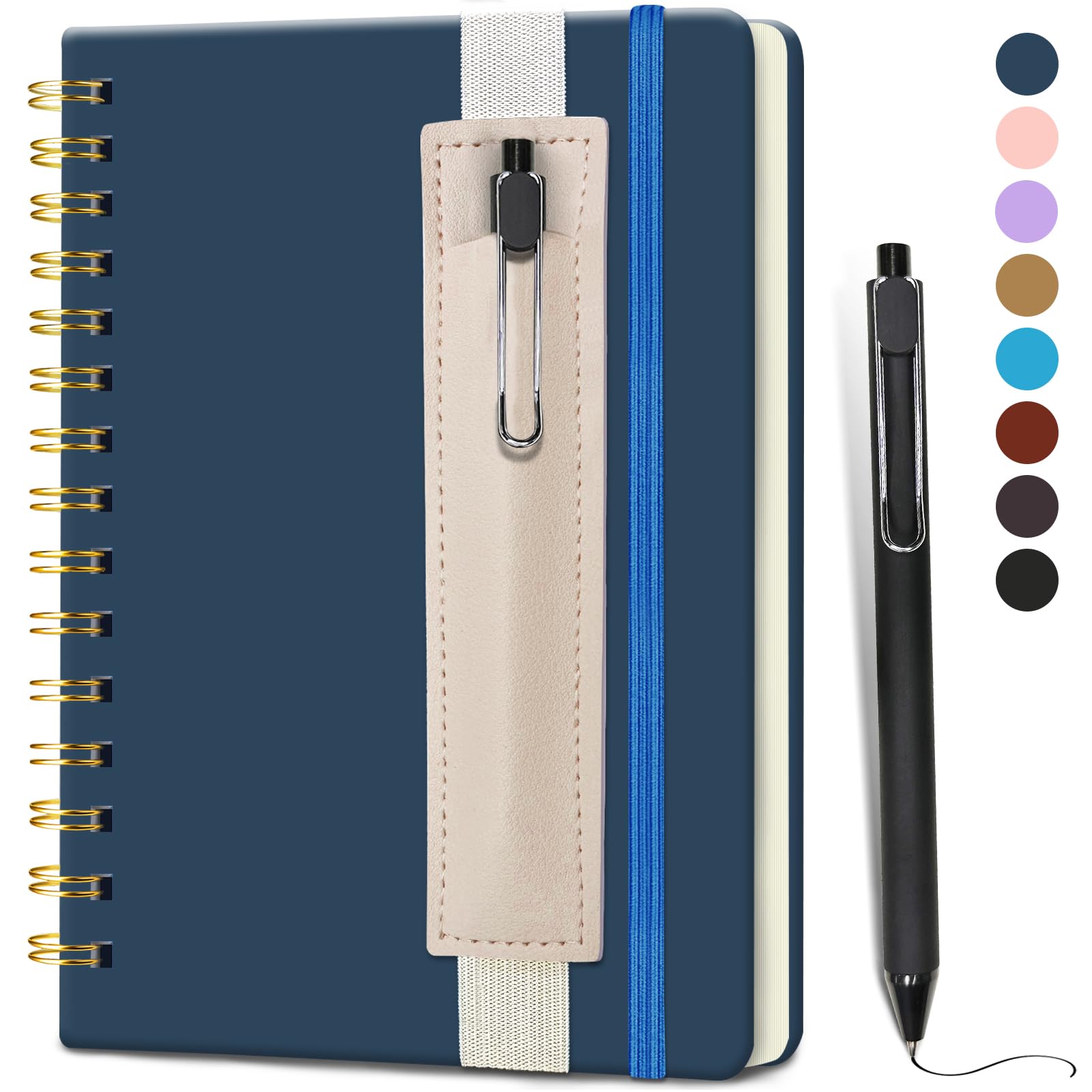 DWIYITTN A5 Spiral Notebook and Pen Set, 160 Lined Pages Faux Leather Hardback Wirebound Notebook A5 with Detachable Pen Holder and Pen for School College Work Home Writing Note Taking(Navy Blue)
