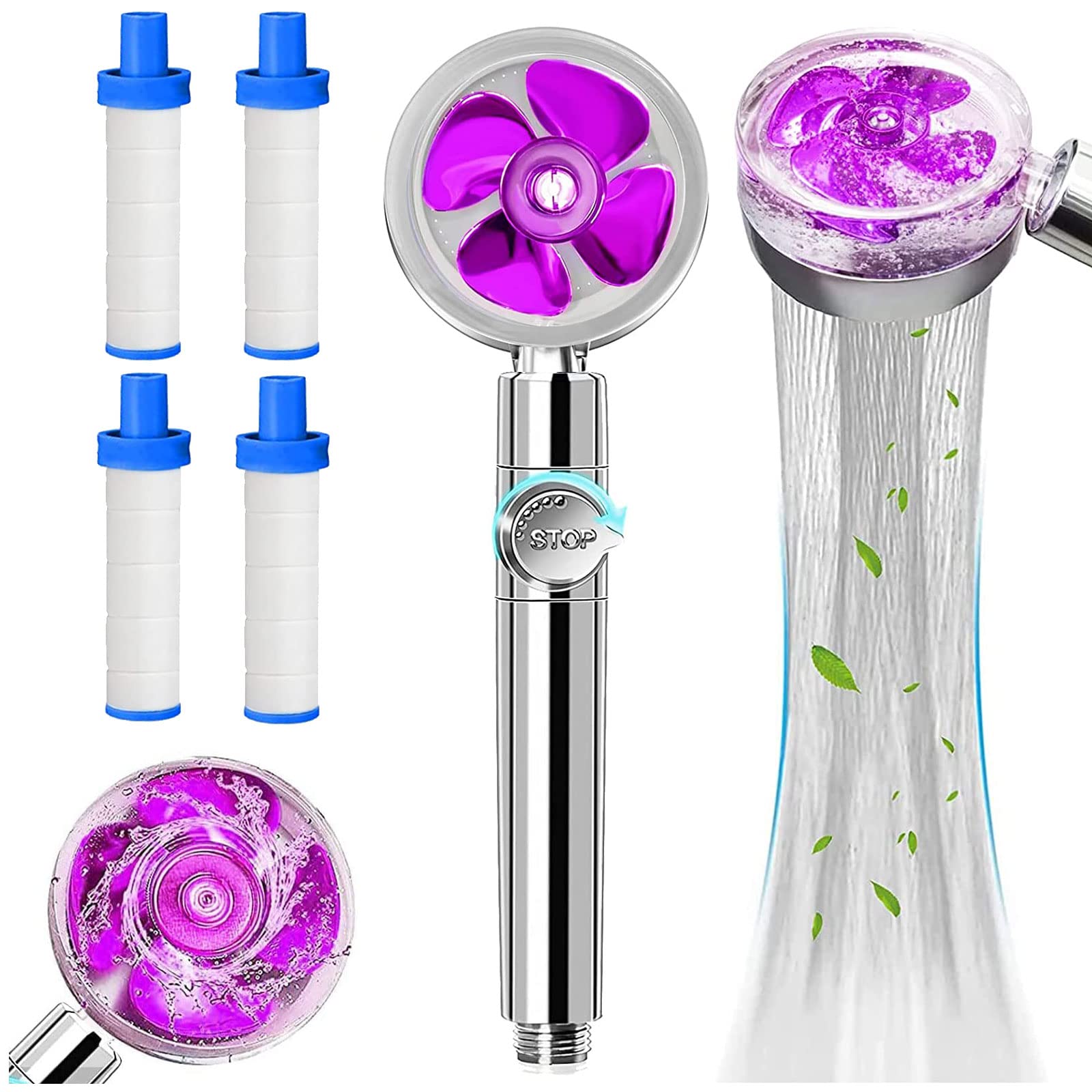 High Pressure Water Saving Shower With 4pcs New Upgrades Filter, 360 Degrees Rotating Propeller Driven Handheld Head, Turbo Fan Drive Jet Spa (Purple)