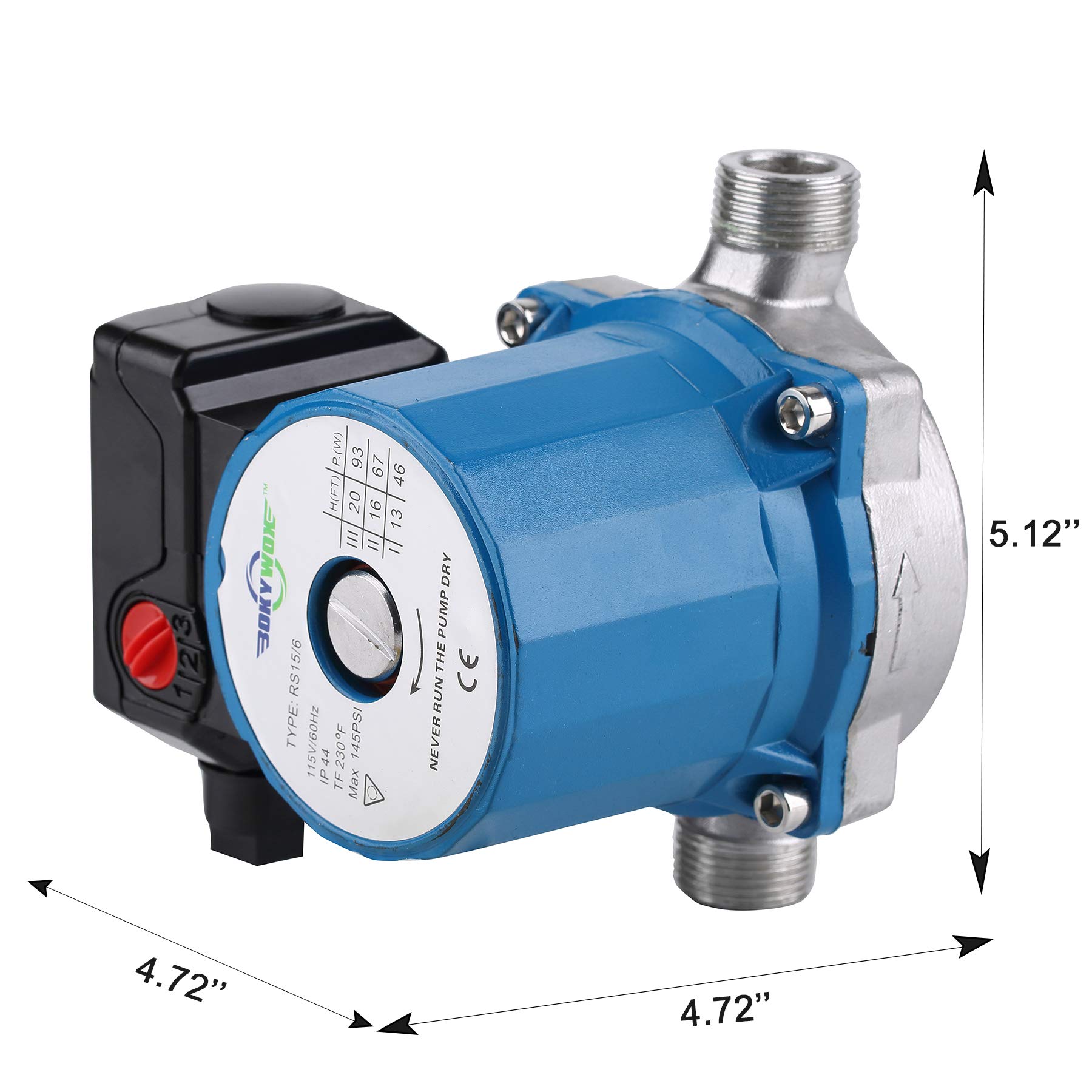 Hot Water Circulation Pump NPT 3/4'' Hot Water Recirculating Pump 3-Speed Circulating Pump Stainless Steel 304 Circulation Pump(RS15-6SB) Blue