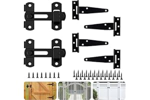 T Hinge and Sliding Gate Latch Set Black 4 Pack with 32 Screws Heavy Duty Galvanized Iron Hinges and Stainless Steel Locks Ma