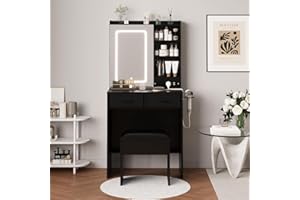 Garvee Makeup Vanity Desk with Lights and Mirror, Wooden Vanity with Power Outlets & USB Ports, Storage Drawers 3 Lighting Mo