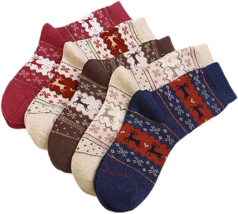 5 Pairs Women Ladies Woolen Christmas Santa Reindeer Pattern Socks Set