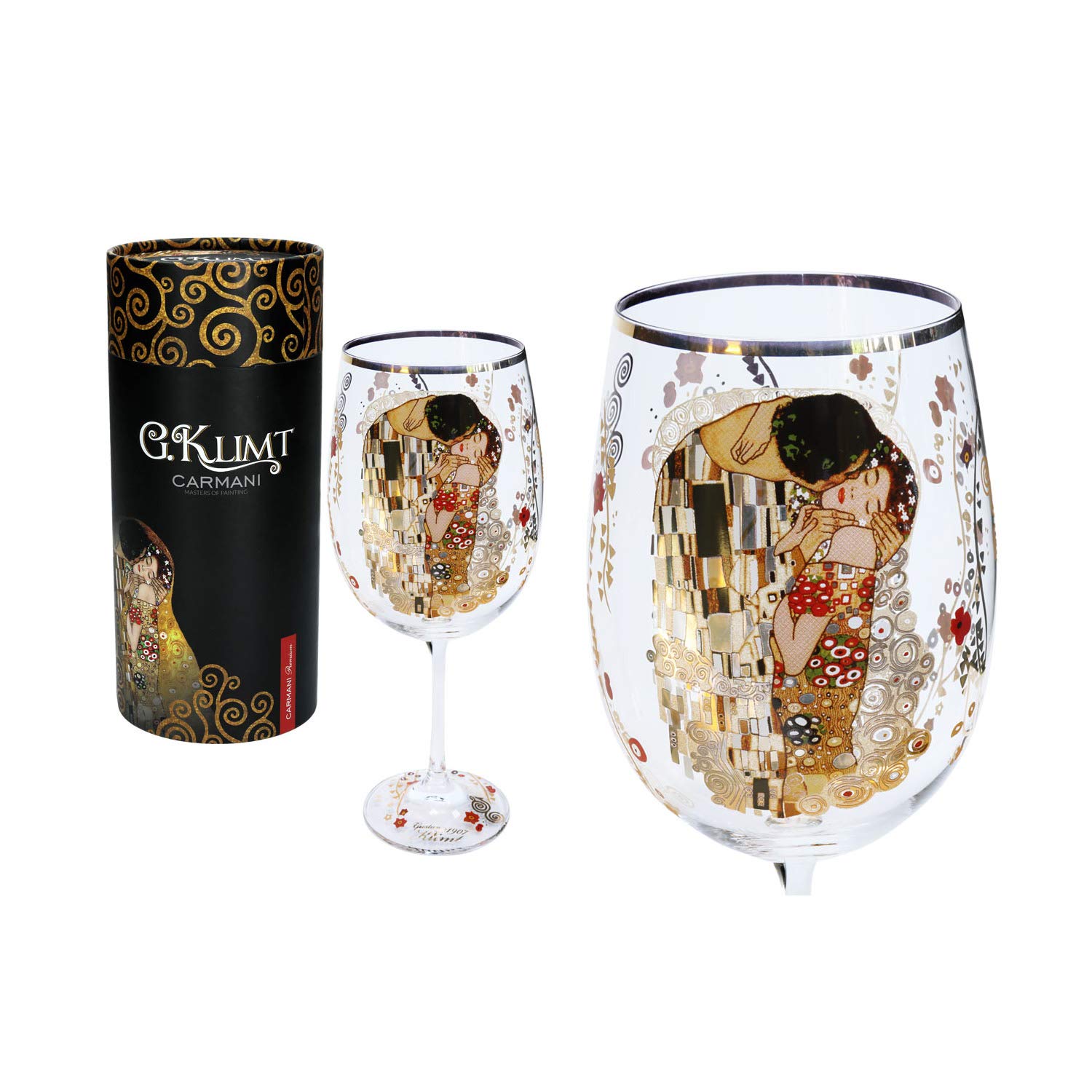 CARMANI - Fancy Wine Glass Decorated with Gustav Klimt 'The Kiss' Painting 640 ml