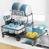 GSlife Large 2 Tier Dish Drying Rack - Expandable Over Sink &amp; Counter Use | Extendable Drying Space, Auto-Drain Spout, Stable Screw-Fixed Frame, Cup &amp; Utensil Holder, Rust-Resistant Kitchen Rack, Black