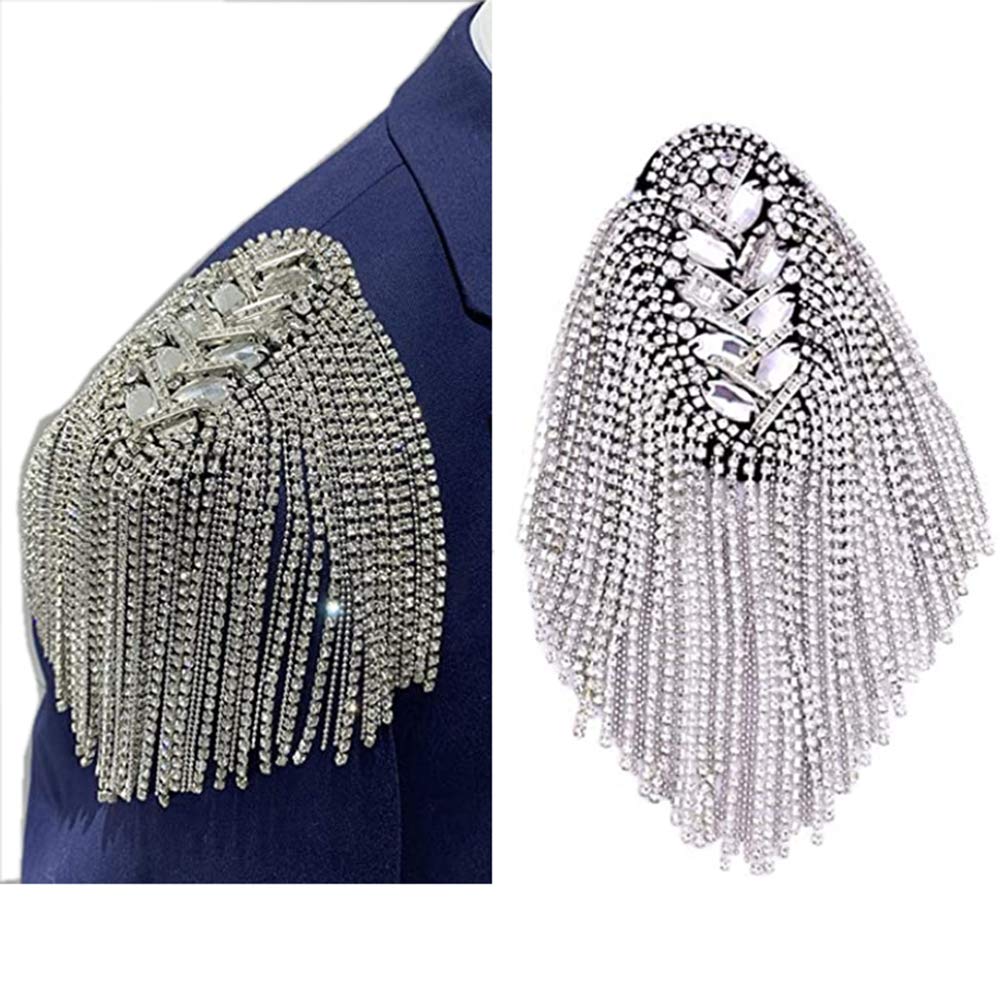 2pcs Rhinestone Tassel Shoulder Epaulet Spike Chain Shoulder Badge Brooch Pins for Man Woman, 2.5 inches wide, 4 inches long, 4.5 inches tassel, Metal